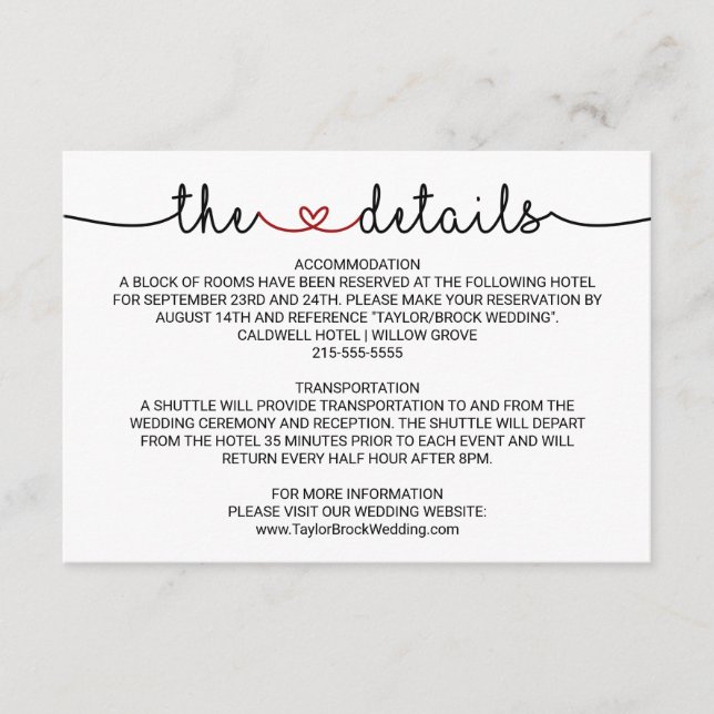 Love Hearts Red Wedding Details Enclosure Card (Front)