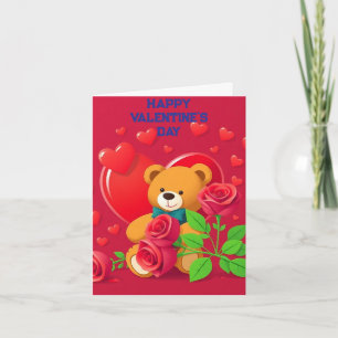 Love Hearts Teddy Bear and Roses Valentines Day Card