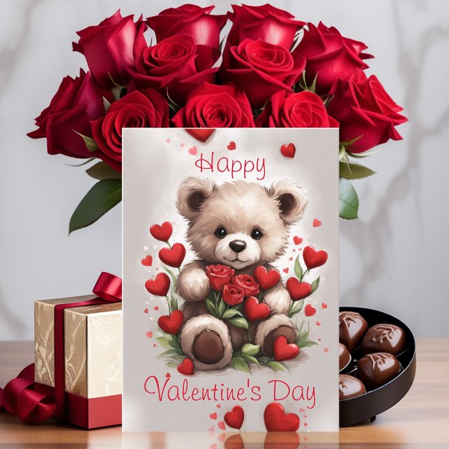 Love Hearts Teddy Bear and Roses Valentines Day Card (Creator Uploaded)