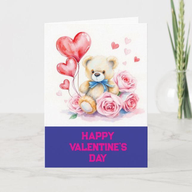 Love Hearts Teddy Bear and Roses Valentines Day Card (Front)
