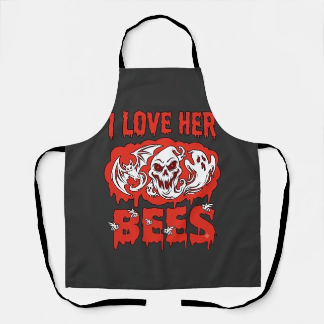 Love Her Bees Skull Ghost Bat Blood Drip Apron (Front)
