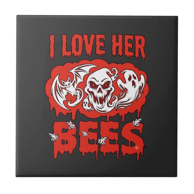 Love Her Bees Skull Ghost Bat Blood Drip Ceramic Tile (Front)