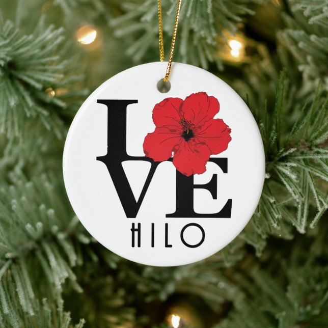 LOVE Hilo Hawaii Red Hibiscus Ceramic Ornament (Tree)