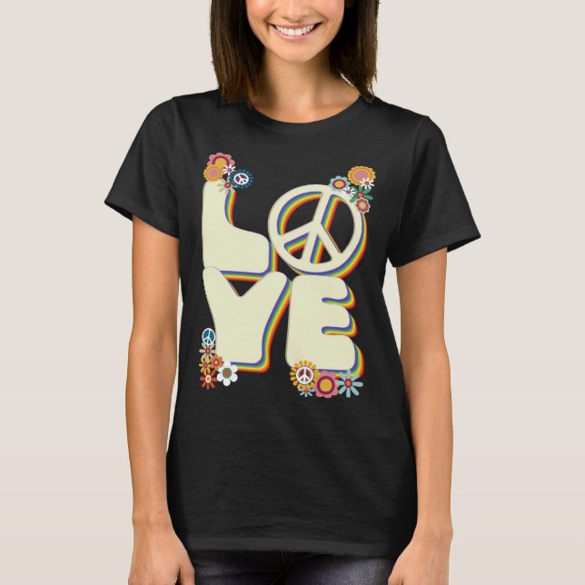 Love Hippie Peace Sign Flowers Groovy 60s 70s Retr T-Shirt (Front)