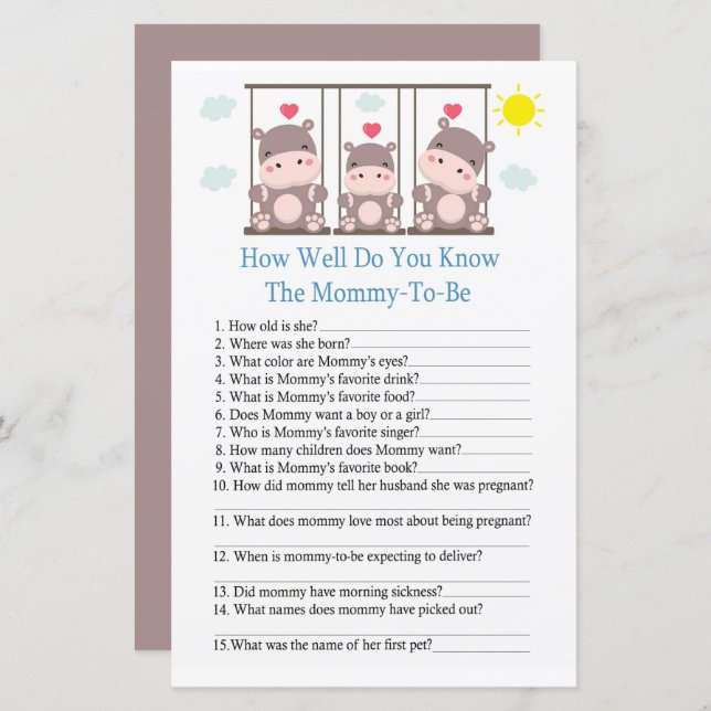 Love hippo How well do you know baby shower game (Front/Back)