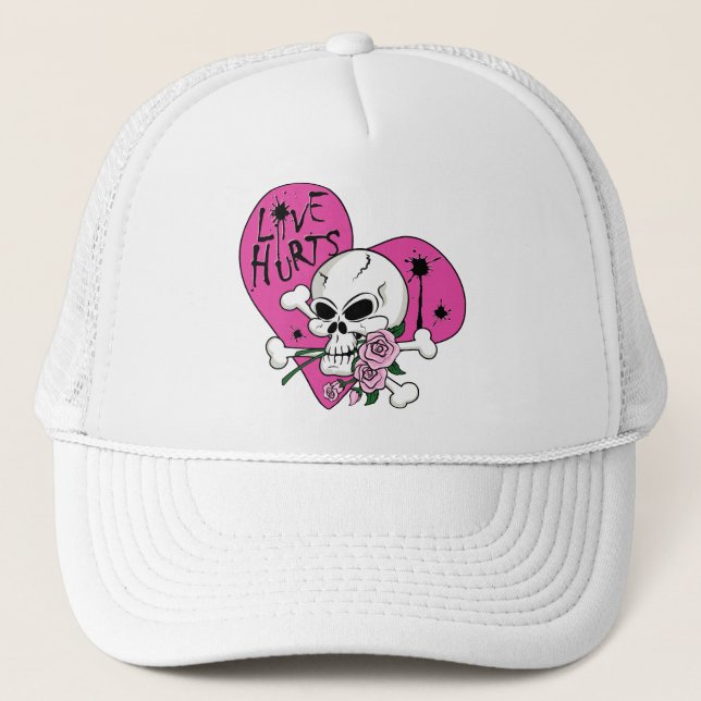 Love Hurts Skull Trucker Hat (Front)