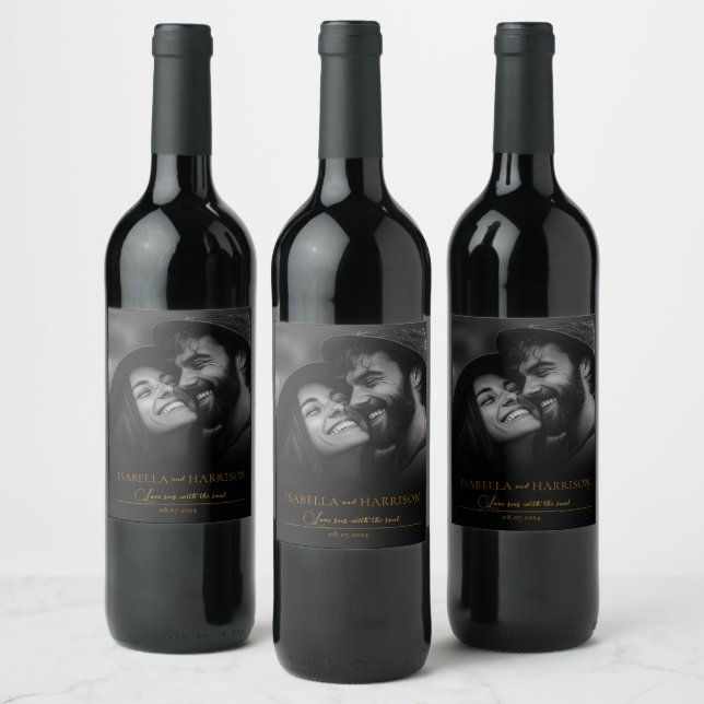 Love I Happy Couple Custom Photo Black and Gold Wine Label (Bottles)