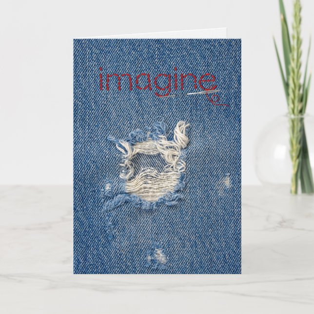 Love, imagine text on frayed blue denim card (Front)