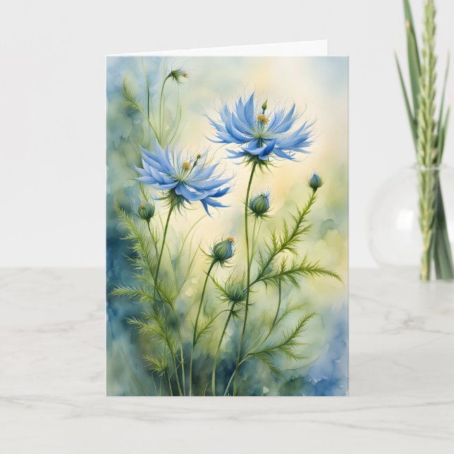 Love-in-a Mist Flower Watercolor Birthday Card (Front)