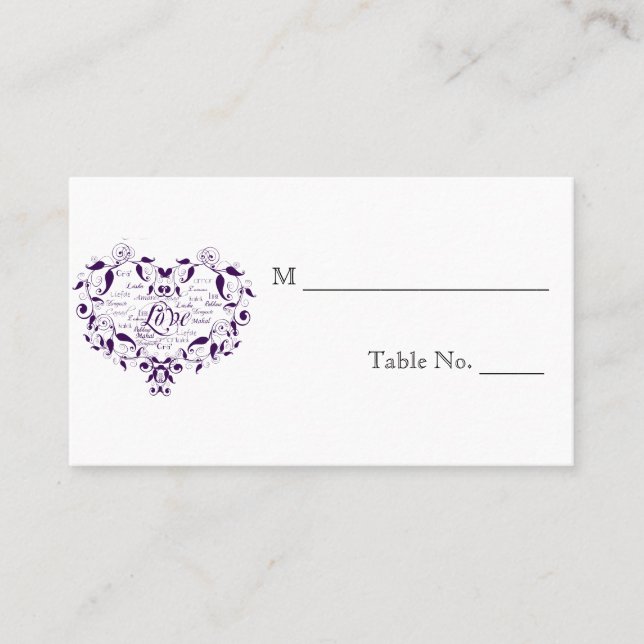 Love in Any Language Purple Wedding Place Cards (Front)
