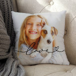 Love in Black Script with Heart Custom Photo Cushion<br><div class="desc">Modern and stylish custom throw pillow design features a favourite photo with a minimal black "Love" typography overlay design that includes flourish and heart details. The black coloured text can be customised.</div>