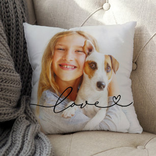 Love in Black Script with Heart Custom Photo Cushion