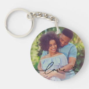 Love in Black Script with Heart Custom Photo Key Ring