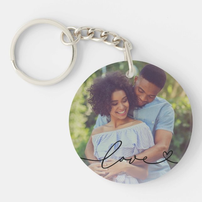 Love in Black Script with Heart Custom Photo Key Ring (Front)