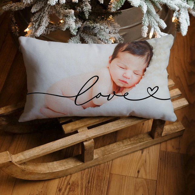 Love in Black Script with Heart Custom Photo Lumbar Cushion (Creator Uploaded)