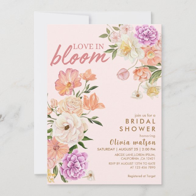 Love in bloom blush pink floral bridal shower invitation (Front)