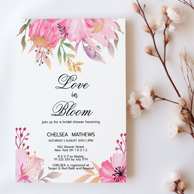 Love In Bloom botanic pink flowers Bridal Shower  Invitation (Love In Bloom botanic pink flowers Bridal Shower)