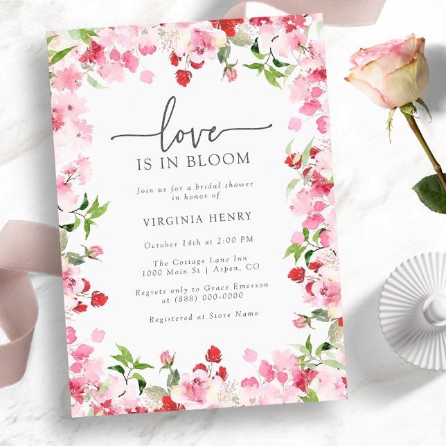 Love In Bloom Bridal Shower Invitation (Love Is In Bloom Bridal Shower Invitation - Red and Pink Watercolor Floral)