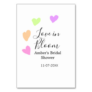 Love in Bloom colourful heart bridal shower name d Table Number