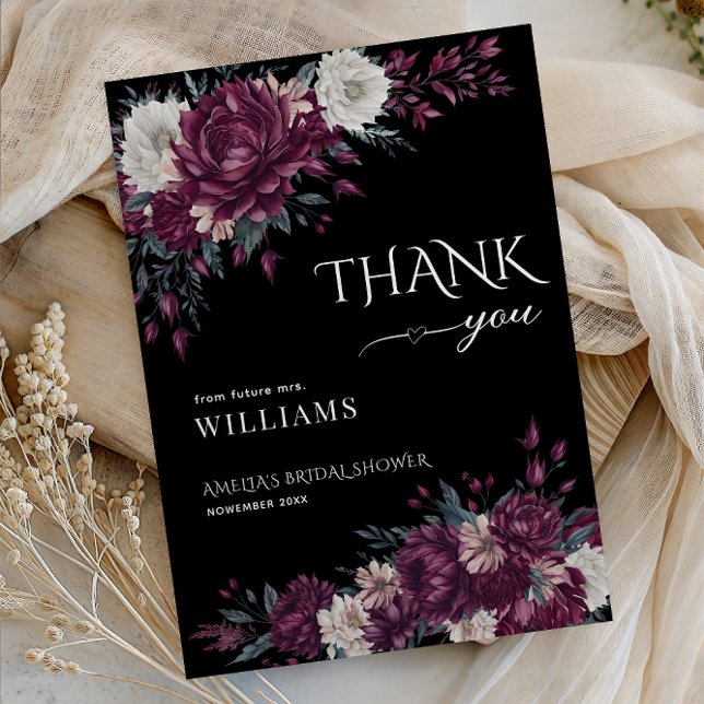 Love in Bloom Dark Flowers Burgundy Cream Black Thank You Card (Creator Uploaded)