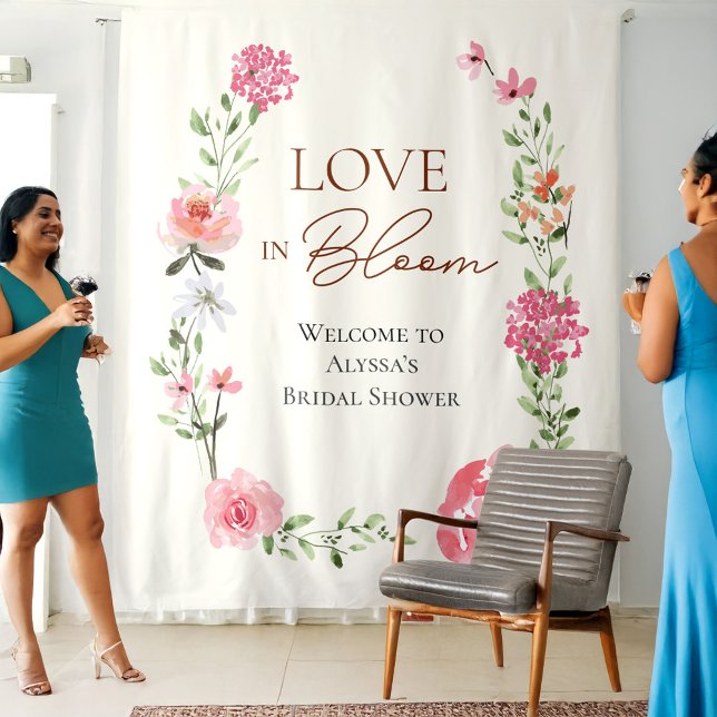 Love in Bloom Floral Bridal Shower Welcome Sign  Tapestry (Customizable Love in Bloom Bridal shower floral Spring photo backdrop tapestry sign.)