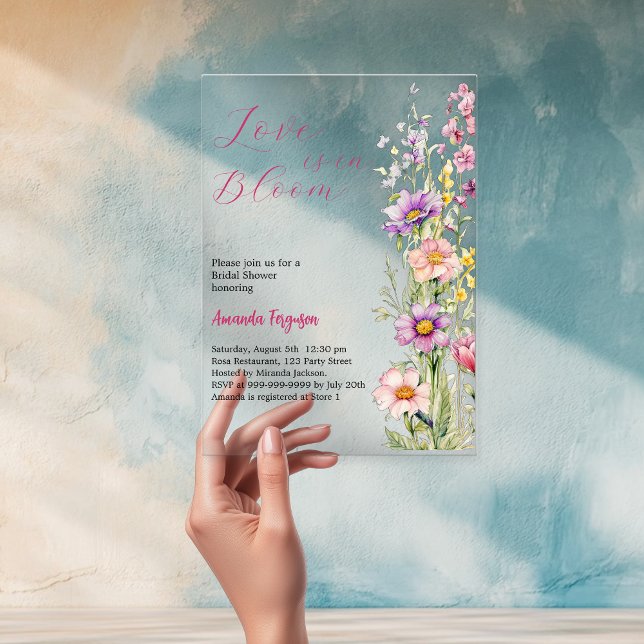 Love in bloom floral pink clear Bridal Shower Acrylic Invitations (Creator Uploaded)
