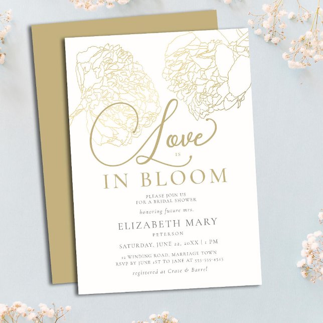  Love in Bloom Gold Peony Sketch Bridal Shower Invitation (Creator Uploaded)
