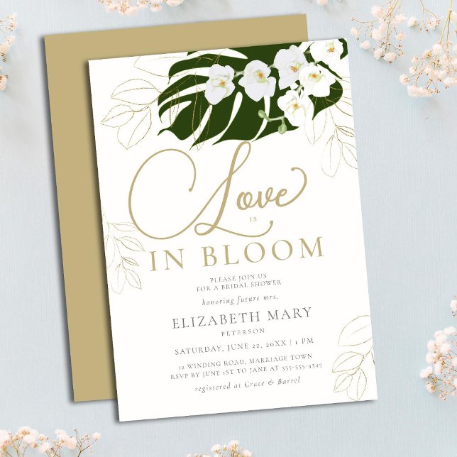  Love in Bloom Orchids Tropical Gold Bridal Shower Invitation (Creator Uploaded)