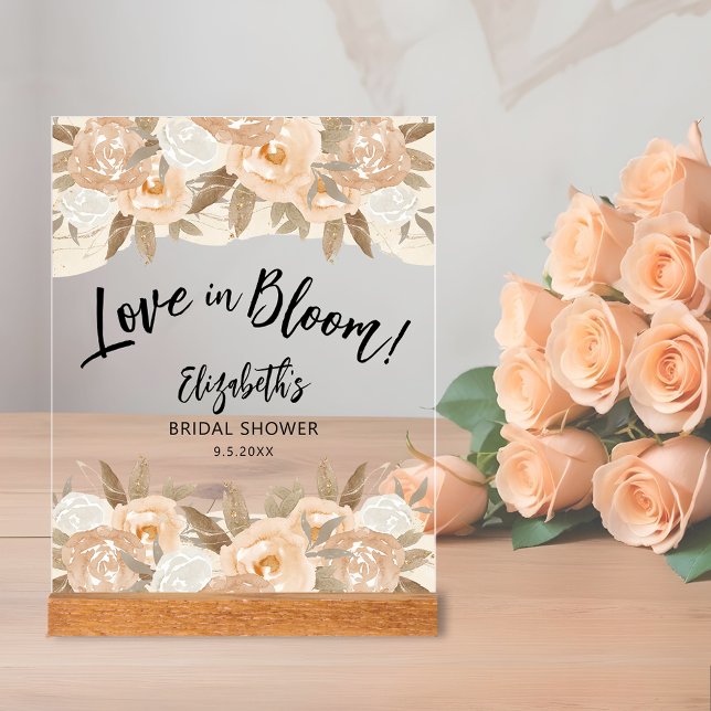 Love in Bloom Peach Flowers Bridal Shower Acrylic Sign (Love in Bloom bridal shower clear acrylic sign accented with rustic peach flowers and leaves)