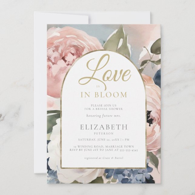  Love in Bloom Peony Gold Boho Arch Bridal Shower Invitation (Front)