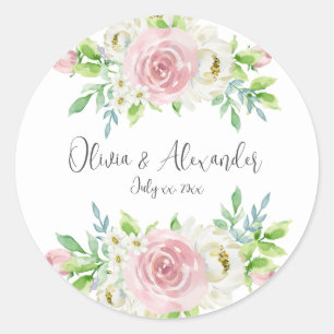 Love in Bloom, Pink Watercolor Floral Wedding Classic Round Sticker