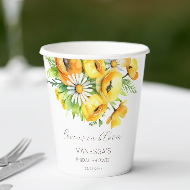 Love in bloom spring summer bridal shower template paper cups (Love in bloom spring summer bridal shower template paper cups personalized tableware yellow flowers)