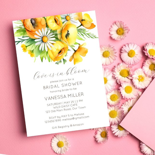 Love in bloom spring summer flower bridal shower invitation (Love in bloom spring summer flower bridal shower template invitation digital download yellow daisies)