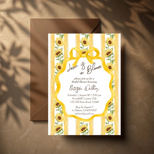 Love in bloom sunflowers stripped bridal shower invitation (Love in bloom sunflowers grandmillenial retro wavy border yellow stripes bridal shower invitation)