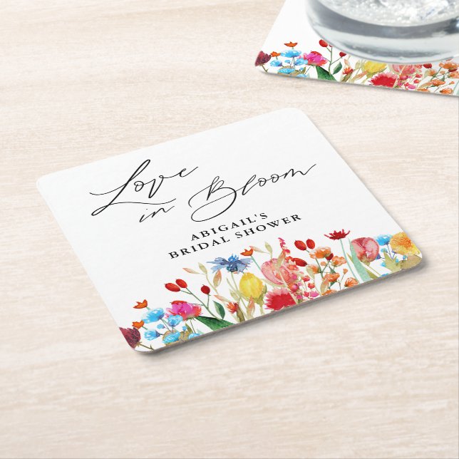 Love in Bloom Wildflower Bridal Shower Favour Square Paper Coaster (Angled)