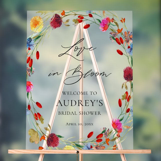 Love in Bloom Wildflower Bridal Shower Welcome Acrylic Sign (Neutral)