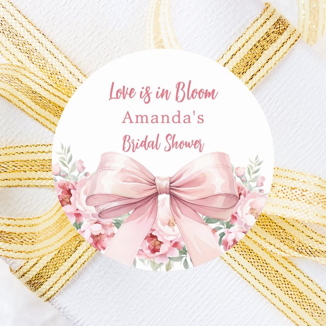 Love in Bloon pink florals bow Bridal Shower Classic Round Sticker (Creator Uploaded)
