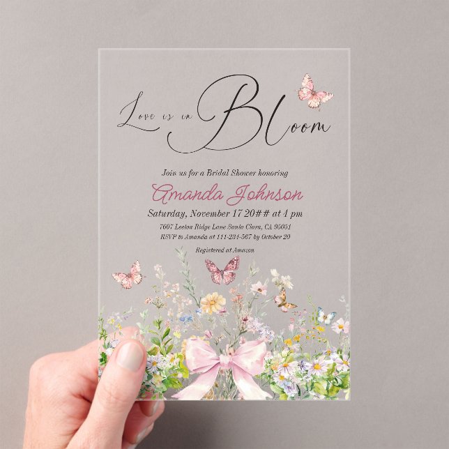 Love in Boom Wildflower Pink Bow Bridal Shower Acrylic Invitations (Insitu (Handheld))