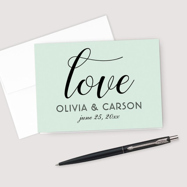 Love in Chic Black Script | Mint Green Monogram Thank You Card (Creator Uploaded)