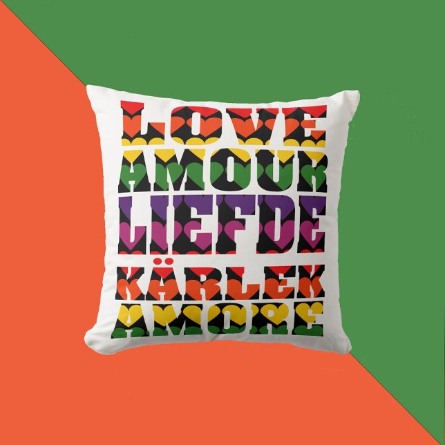 Love in Different Languages Heart Dark Rainbow Cushion (A throw pillow that says love in English, French, Dutch, Swedish and Italian with rainbow hearts.)