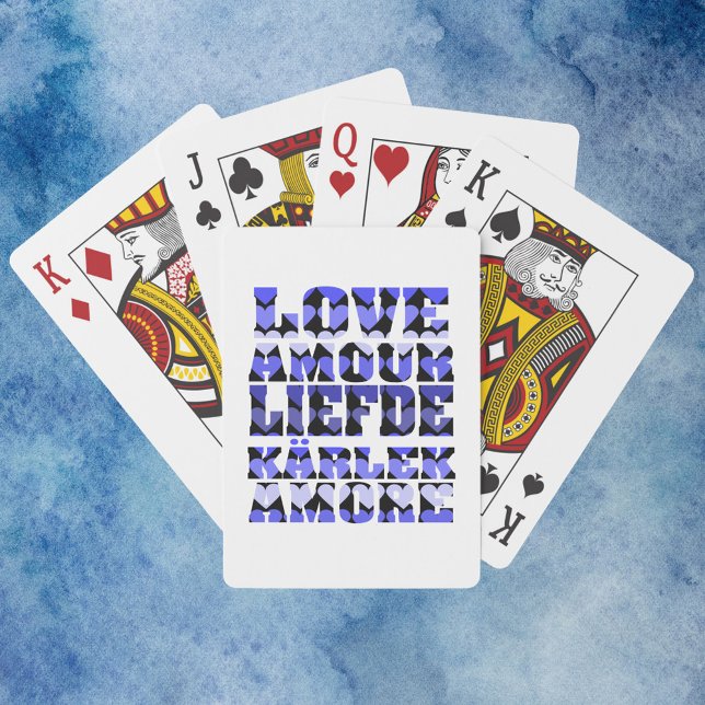 Love in Different Languages Hearts Blue Playing Cards (A deck of playing cards that says love in a pattern of blue hearts.)