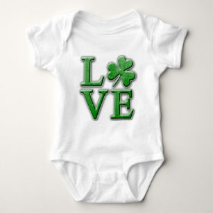 LOVE in Distressed Green Font w/Shamrock Baby Bodysuit