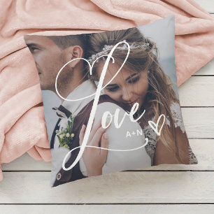 Love in Elegant Script Two Photo with Heart Cushion