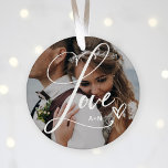 Love in Elegant Script | Two Photos with Heart Ceramic Ornament<br><div class="desc">This beautiful Christmas ornament features the word "Love" in elegant, swirly calligraphy script, with two of your favourite photos and a handwritten scribbled heart. You can add your initials or monogram, or the name of any loved ones such as your mum, grandma, family, or spouse. Also makes the perfect holiday...</div>