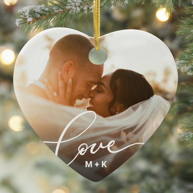 Love in Elegant Script Wedding Photo Ceramic Ornament (Creator Uploaded)