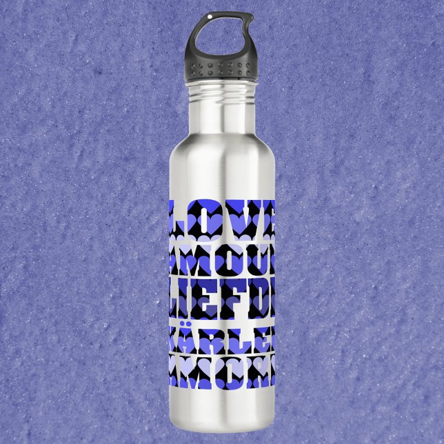 Love in Foreign Languages Hearts Blue 710 Ml Water Bottle (A water bottle that says love in a variety of languages with a blue heart pattern.)