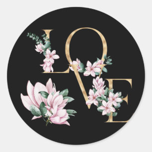Love in gold letter with magnolia flowers classic round sticker