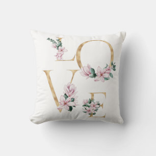 Love in gold letter with magnolia flowers cushion