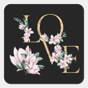 Love in gold letter with magnolia flowers square sticker