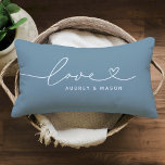 Love in Heart Script Dusty Blue Custom Monogram Lumbar Cushion<br><div class="desc">Modern and stylish custom lumbar throw pillow design features a simple and minimal "Love" typography design that includes flourish and heart details. Personalise the uppercase text below with a monogram for a couple or family, a quote, or other preferred text. The dusty blue / slate and white colours can be...</div>